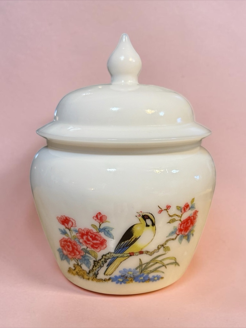 Vintage 1971 Avon Dynasty Milk Glass Ginger Jar Lidded Bird Floral MINT in